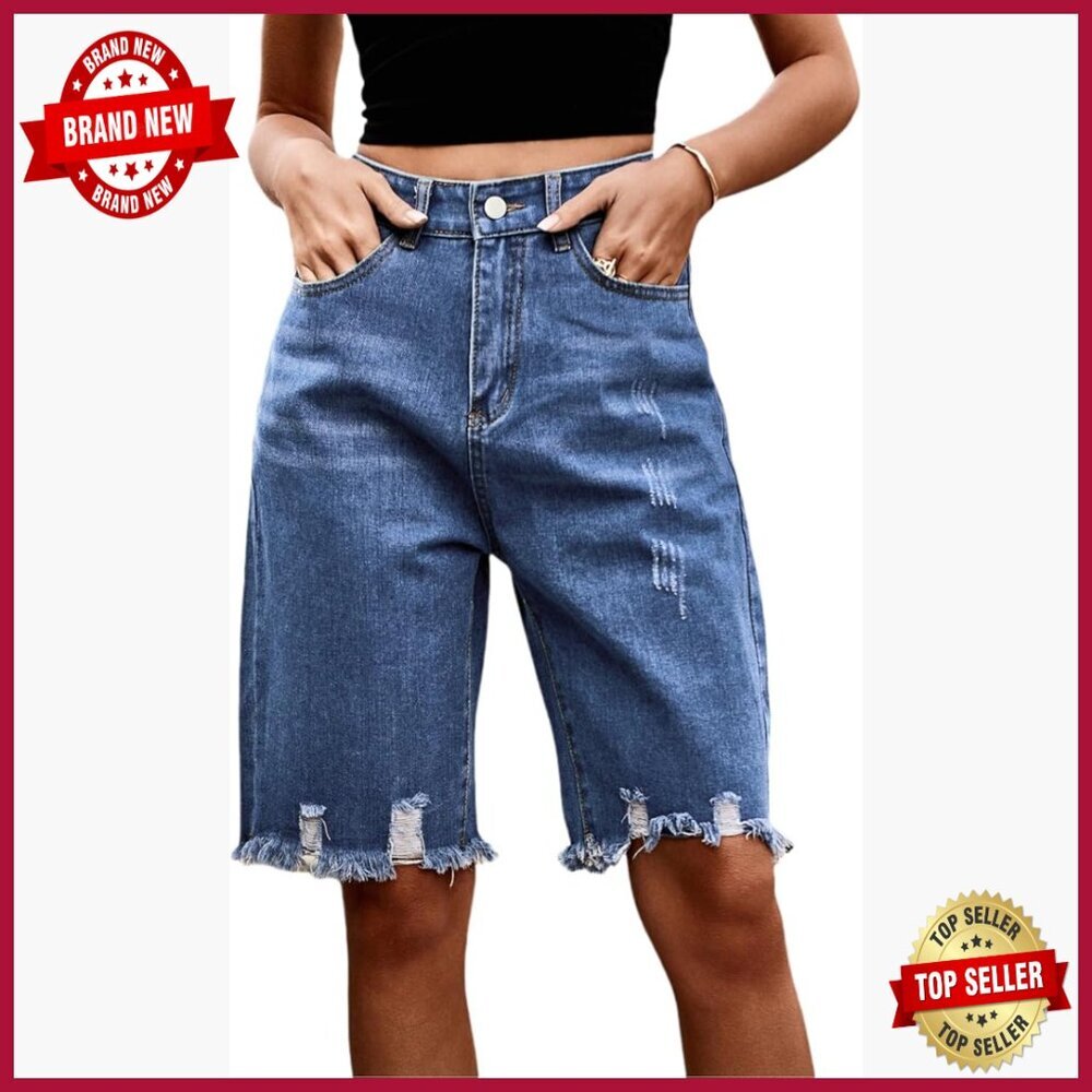 High Rise Denim Bermuda Shorts Loose Fit Distressed Cargo Pockets Summer Casual